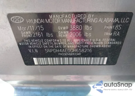 2016 Hyundai Elantra Se z USA, uszkodzony, nr VIN 5NPDH4AE0GH658216